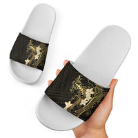 Black and Gold Hawaii Slide Sandals Hammerhead Shark Tattoo Curve Polynesian - Polynesian Pride