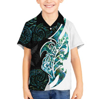 Proud Aotearoa Family Matching Off The Shoulder Long Sleeve Dress and Hawaiian Shirt Maori Silver Fern Mix Paua Shell Pattern LT14 Son's Shirt Black - Polynesian Pride