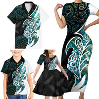 Proud Aotearoa Family Matching Short Sleeve Bodycon Dress and Hawaiian Shirt Maori Silver Fern Mix Paua Shell Pattern LT14 - Polynesian Pride