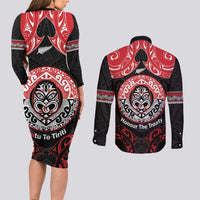 Aotearoa Toitu Te Tiriti Couples Matching Long Sleeve Bodycon Dress and Long Sleeve Button Shirt Haka Tiki Honour The Treaty