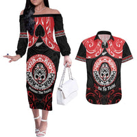 Aotearoa Toitu Te Tiriti Couples Matching Off The Shoulder Long Sleeve Dress and Hawaiian Shirt Haka Tiki Honour The Treaty LT14 Black - Polynesian Pride