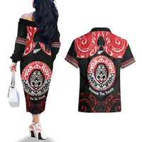 Aotearoa Toitu Te Tiriti Couples Matching Off The Shoulder Long Sleeve Dress and Hawaiian Shirt Haka Tiki Honour The Treaty LT14 - Polynesian Pride