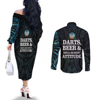 Personalized New Zealand Darts Beer Couples Matching Off The Shoulder Long Sleeve Dress and Long Sleeve Button Shirt Paua Shell Aotearoa Maori Tattoo LT14 - Polynesian Pride