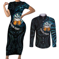 Personalized New Zealand Darts Beer Couples Matching Short Sleeve Bodycon Dress and Long Sleeve Button Shirt Paua Shell Aotearoa Maori Tattoo LT14 Black - Polynesian Pride