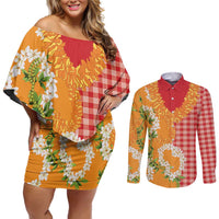 Prince Kuhio Aloha Hawaii Couples Matching Off Shoulder Short Dress and Long Sleeve Button Shirt Plumeria Ilima Lei Palaka Motifs LT14 Red - Polynesian Pride