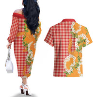 Prince Kuhio Aloha Hawaii Couples Matching Off The Shoulder Long Sleeve Dress and Hawaiian Shirt Plumeria Ilima Lei Palaka Motifs LT14 - Polynesian Pride