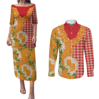 Prince Kuhio Aloha Hawaii Couples Matching Puletasi and Long Sleeve Button Shirt Plumeria Ilima Lei Palaka Motifs
