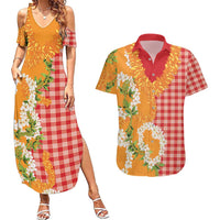 Prince Kuhio Aloha Hawaii Couples Matching Summer Maxi Dress and Hawaiian Shirt Plumeria Ilima Lei Palaka Motifs LT14 Red - Polynesian Pride
