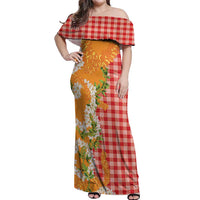 Prince Kuhio Aloha Hawaii Off Shoulder Maxi Dress Plumeria Ilima Lei Palaka Motifs LT14 Women Red - Polynesian Pride