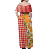 Prince Kuhio Aloha Hawaii Off Shoulder Maxi Dress Plumeria Ilima Lei Palaka Motifs LT14 - Polynesian Pride