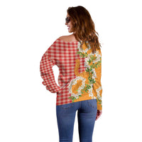 Prince Kuhio Aloha Hawaii Off Shoulder Sweater Plumeria Ilima Lei Palaka Motifs