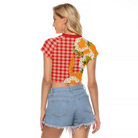 Prince Kuhio Aloha Hawaii Raglan Cropped T Shirt Plumeria Ilima Lei Palaka Motifs