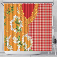 Prince Kuhio Aloha Hawaii Shower Curtain Plumeria Ilima Lei Palaka Motifs