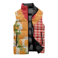 Prince Kuhio Aloha Hawaii Sleeveless Puffer Jacket Plumeria Ilima Lei Palaka Motifs