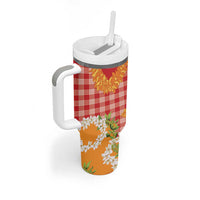 Prince Kuhio Aloha Hawaii Tumbler With Handle Plumeria Ilima Lei Palaka Motifs
