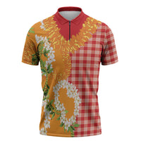 Prince Kuhio Aloha Hawaii Zipper Polo Shirt Plumeria Ilima Lei Palaka Motifs