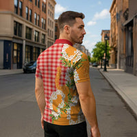Prince Kuhio Aloha Hawaii Zipper Polo Shirt Plumeria Ilima Lei Palaka Motifs