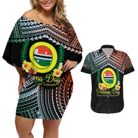 Personalised Penama Day Couples Matching Off Shoulder Short Dress and Hawaiian Shirt Vanuatu Provinces Polynesian Pattern