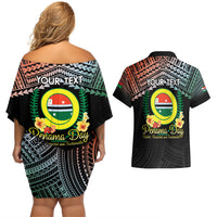 Personalised Penama Day Couples Matching Off Shoulder Short Dress and Hawaiian Shirt Vanuatu Provinces Polynesian Pattern