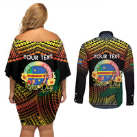 Personalised Tafea Day Couples Matching Off Shoulder Short Dress and Long Sleeve Button Shirt Vanuatu Provinces Polynesian Pattern