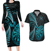 Personalised New Zealand Darts Couples Matching Long Sleeve Bodycon Dress and Hawaiian Shirt Happiness Is A Tight Threesome Maori Paua Shell LT14 Turquoise - Polynesian Pride