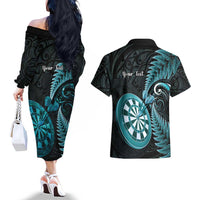 Personalised New Zealand Darts Couples Matching Off The Shoulder Long Sleeve Dress and Hawaiian Shirt Happiness Is A Tight Threesome Maori Paua Shell LT14 - Polynesian Pride