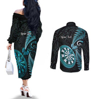 Personalised New Zealand Darts Couples Matching Off The Shoulder Long Sleeve Dress and Long Sleeve Button Shirt Happiness Is A Tight Threesome Maori Paua Shell LT14 - Polynesian Pride