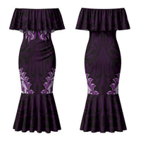 New Zealand Ta Moko Couples Matching Mermaid Dress and Long Sleeve Button Shirt Aotearoa Maori Chest Tattoo Purple
