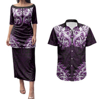 New Zealand Ta Moko Couples Matching Puletasi and Hawaiian Shirt Aotearoa Maori Chest Tattoo Purple
