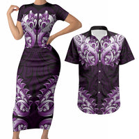 New Zealand Ta Moko Couples Matching Short Sleeve Bodycon Dress and Hawaiian Shirt Aotearoa Maori Chest Tattoo Purple