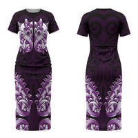 New Zealand Ta Moko Couples Matching Short Sleeve Bodycon Dress and Hawaiian Shirt Aotearoa Maori Chest Tattoo Purple
