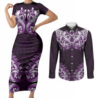 New Zealand Ta Moko Couples Matching Short Sleeve Bodycon Dress and Long Sleeve Button Shirt Aotearoa Maori Chest Tattoo Purple