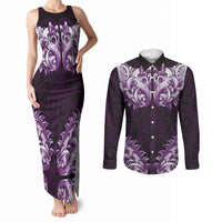 New Zealand Ta Moko Couples Matching Tank Maxi Dress and Long Sleeve Button Shirt Aotearoa Maori Chest Tattoo Purple