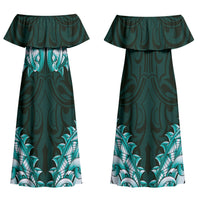 New Zealand Ta Moko Couples Matching Off Shoulder Maxi Dress and Long Sleeve Button Shirt Aotearoa Maori Chest Tattoo Turquoise