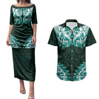 New Zealand Ta Moko Couples Matching Puletasi and Hawaiian Shirt Aotearoa Maori Chest Tattoo Turquoise