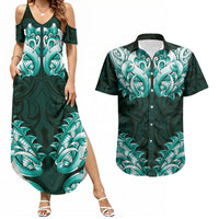 New Zealand Ta Moko Couples Matching Summer Maxi Dress and Hawaiian Shirt Aotearoa Maori Chest Tattoo Turquoise