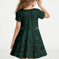New Zealand Ta Moko Kid Short Sleeve Dress Aotearoa Maori Chest Tattoo Turquoise LT14 - Polynesian Pride