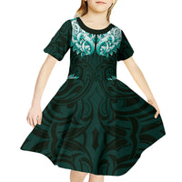 New Zealand Ta Moko Kid Short Sleeve Dress Aotearoa Maori Chest Tattoo Turquoise LT14 - Polynesian Pride