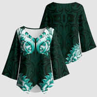 New Zealand Ta Moko Kimono Sleeve Blouse Aotearoa Maori Chest Tattoo Turquoise
