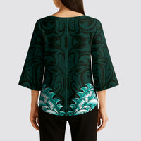 New Zealand Ta Moko Kimono Sleeve Blouse Aotearoa Maori Chest Tattoo Turquoise