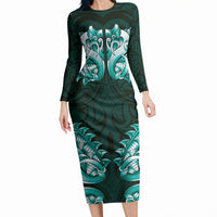 New Zealand Ta Moko Long Sleeve Bodycon Dress Aotearoa Maori Chest Tattoo Turquoise LT14 Long Dress Turquoise - Polynesian Pride