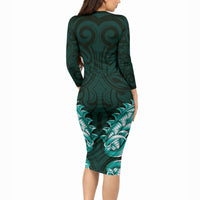 New Zealand Ta Moko Long Sleeve Bodycon Dress Aotearoa Maori Chest Tattoo Turquoise LT14 - Polynesian Pride