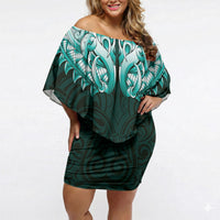 New Zealand Ta Moko Off Shoulder Short Dress Aotearoa Maori Chest Tattoo Turquoise LT14 Women Turquoise - Polynesian Pride