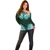 New Zealand Ta Moko Off Shoulder Sweater Aotearoa Maori Chest Tattoo Turquoise