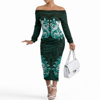 New Zealand Ta Moko Off The Shoulder Long Sleeve Dress Aotearoa Maori Chest Tattoo Turquoise LT14 Women Turquoise - Polynesian Pride