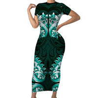New Zealand Ta Moko Short Sleeve Bodycon Dress Aotearoa Maori Chest Tattoo Turquoise LT14 Long Dress Turquoise - Polynesian Pride