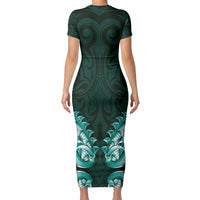 New Zealand Ta Moko Short Sleeve Bodycon Dress Aotearoa Maori Chest Tattoo Turquoise LT14 - Polynesian Pride