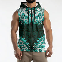 New Zealand Ta Moko Sleeveless Zip Hoodie Aotearoa Maori Chest Tattoo Turquoise