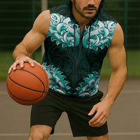 New Zealand Ta Moko Sleeveless Zip Hoodie Aotearoa Maori Chest Tattoo Turquoise