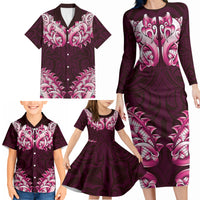 New Zealand Ta Moko Family Matching Long Sleeve Bodycon Dress and Hawaiian Shirt Aotearoa Maori Chest Tattoo Pink